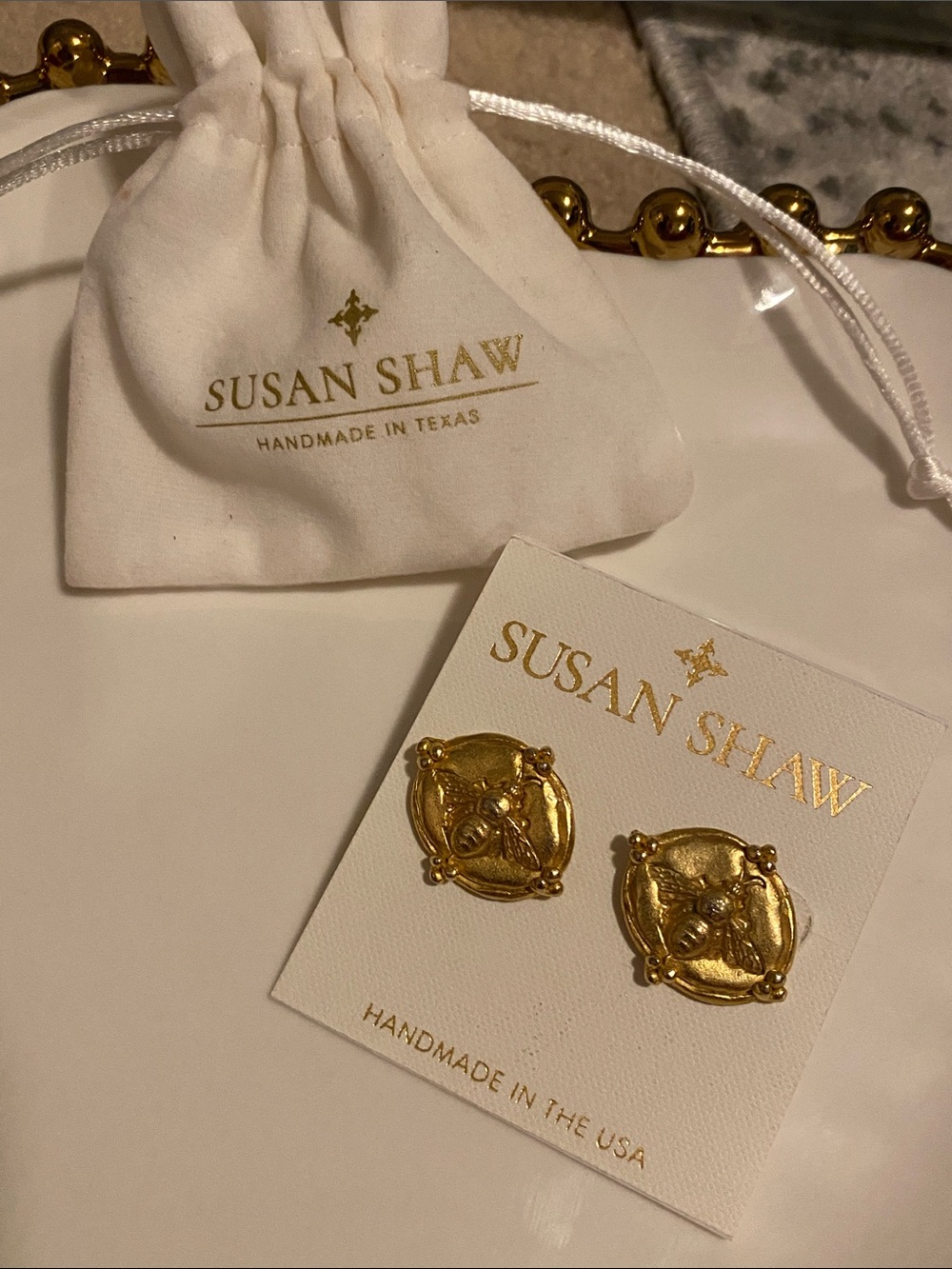 Susan Shaw Gold plated Bee Medallion Earrings
